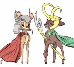 Size: 894x800 | Tagged: safe, artist:urdar16, bambi (bambi), ronno (bambi), cervid, deer, mammal, feral, bambi (film), disney, armor, armored, axe, cape, clothes, costume, duo, fawn, halloween, halloween costume, hammer, headwear, holiday, horns, male, weapon, young