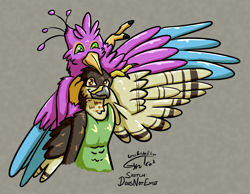 Size: 2692x2091 | Tagged: safe, artist:doesnotexist, artist:gyrotech, oc, oc:gyro feather, oc:gyro feather (bird), bird, bird of prey, galliform, hawk, peafowl, sparrowhawk, anthro, beak, bird feet, bird hands, claws, duo, duo male, feathered wings, feathers, green eyes, male, males only, size difference, tail, wings, yellow body