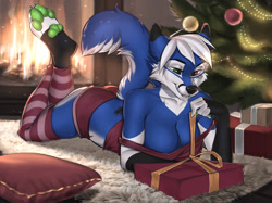 Size: 2217x1662 | Tagged: safe, artist:novery, oc, oc only, canine, mammal, wolf, anthro, digitigrade anthro, 2024, bedroom eyes, blue body, blue fur, breasts, butt, christmas, christmas gift, christmas tree, cleavage, clothes, commission, conifer tree, detailed background, digital art, ears, eyelashes, female, fur, green paw pads, hair, heterochromia, holiday, indoors, legwear, panties, paw pads, paws, present, shirt, solo, solo female, striped clothes, striped legwear, tail, thighs, topwear, tree, underwear, white hair, wide hips, ych result