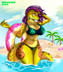 Size: 1750x2000 | Tagged: safe, artist:sikukahzee, oc, oc only, gecko, lizard, reptile, anthro, 2024, beach, belly button, big breasts, bikini, breasts, cleavage, clothes, commission, detailed background, digital art, ears, eyelashes, female, fur, hair, scales, solo, solo female, swimsuit, tail, thighs, wide hips