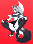 Size: 808x1080 | Tagged: suggestive, artist:diabolusridens, loona (vivzmind), canine, fictional species, hellhound, mammal, anthro, digitigrade anthro, hazbin hotel, helluva boss, 2024, belly button, bottomwear, breasts, cameltoe, clothes, colored sclera, crop top, digital art, ears, eyelashes, female, fingerless gloves, fur, gloves, hair, legwear, panties, red background, red sclera, simple background, skirt, solo, solo female, stockings, tail, thighs, topwear, underwear, wide hips