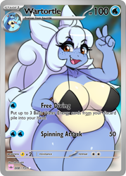 Size: 745x1040 | Tagged: safe, alternate version, artist:i_am_kat95, fictional species, wartortle, anthro, nintendo, pokémon, 2024, beach, belly button, bikini, breasts, cleavage, clothes, detailed background, digital art, ears, eyelashes, female, fur, hair, huge breasts, scales, shell, slightly chubby, solo, solo female, starter pokémon, swimsuit, tail, thick thighs, thighs, wide hips