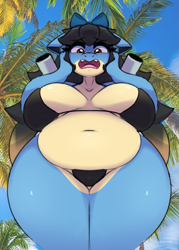 Size: 745x1040 | Tagged: suggestive, artist:i_am_kat95, blastoise, fictional species, anthro, nintendo, pokémon, 2024, beach, belly button, bikini, breasts, cleavage, clothes, detailed background, digital art, ears, eyelashes, female, front view, fur, hair, huge breasts, low angle, open mouth, scales, shell, slightly chubby, solo, solo female, starter pokémon, swimsuit, tail, thick thighs, thighs, tongue, wide hips