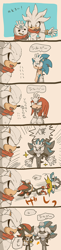 Size: 400x1629 | Tagged: safe, artist:fumomo, knuckles the echidna (sonic), mephiles the dark (sonic), shadow the hedgehog (sonic), silver the hedgehog (sonic), sonic the hedgehog (sonic), echidna, hedgehog, mammal, monotreme, sega, sonic the hedgehog (2006 game), sonic the hedgehog (series), arrow, black body, black eyes, black fur, blank eyes, blue body, blue eyes, blue fur, boots, clothes, comic, constellation, disembodied hand, eyes closed, fangs, flying kick, footwear, fur, gloves, gold bracelet, group, happy, head bump, japanese text, kicking, looking at each other, male, males only, multicolored body, multicolored fur, open mouth, profile, red body, red fur, scarf, scissors, sharp teeth, shoes, side view, sidelocks, sideways mouth, single glove, smiling, snout, snowman, speech bubble, standing, surprised, tail, teeth, text, two toned body, two toned fur, white body, white fur