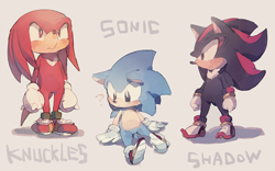 Size: 900x561 | Tagged: safe, artist:fumomo, knuckles the echidna (sonic), shadow the hedgehog (sonic), sonic the hedgehog (sonic), echidna, hedgehog, mammal, monotreme, sega, sonic the hedgehog (series), black body, black fur, blue body, blue fur, blushing, character name, chibi, clothes, english text, footwear, fur, gloves, gold bracelet, green eyes, looking down, looking to the side, male, males only, multicolored body, multicolored fur, purple eyes, red body, red eyes, red fur, shadow, shoes, sidelocks, sideways mouth, simple background, sitting, standing, tail, text, trio, trio male, two toned body, two toned fur