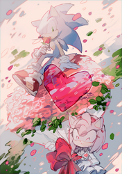 Size: 494x700 | Tagged: safe, artist:fumomo, amy rose (sonic), sonic the hedgehog (sonic), hedgehog, mammal, sega, sonic the hedgehog (series), blue body, blue fur, bottomwear, bouquet, bow, clothes, collared dress, dress, duo, duo male and female, eyes closed, female, flower, footwear, fur, gloves, green eyes, hair, hairband, happy, heart, jacket, looking at each other, looking down, male, outline, oversized object, petals, pink body, pink fur, plant, rose, shoes, sidelocks, sketch, smiling, tail, topwear