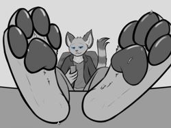 Size: 2218x1661 | Tagged: suggestive, artist:drunkarcher, cat, feline, human, mammal, dominant, dominant male, feet, feet on table, fetish, foot fetish, foot focus, foot worship, male, micro, paw fetish, paw focus, paw pads, paw worship, paws, smothering, soles, toes, underfoot, underpaw