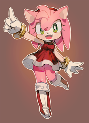 Size: 474x650 | Tagged: suggestive, artist:fumomo, amy rose (sonic), hedgehog, mammal, sega, sonic the hedgehog (series), blushing, boots, bottomwear, bright colors, clothes, dress, fangs, female, footwear, fur, gloves, gold bracelet, green eyes, happy, looking at you, open mouth, outline, pink body, pink fur, pointing, sharp teeth, shoes, sidelocks, simple background, smiling, solo, solo female, standing, standing on one leg, teeth, thighs