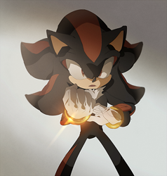 Size: 667x700 | Tagged: safe, artist:fumomo, shadow the hedgehog (sonic), hedgehog, mammal, sega, sonic the hedgehog (series), black body, black fur, clothes, fighting, fur, glint, gloves, gold bracelet, leg apart, looking at you, male, multicolored body, multicolored fur, open mouth, red body, red eyes, red fur, simple background, solo, solo male, tail, two toned body, two toned fur, underlighting