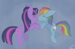 Size: 4356x2838 | Tagged: safe, artist:tkshoelace, rainbow dash (mlp), twilight sparkle (mlp), equine, fictional species, mammal, pegasus, pony, unicorn, feral, friendship is magic, hasbro, my little pony, 2024, blue background, duo, duo female, eyes closed, female, female/female, females only, floating, high res, holding hooves, hooves, horn, kissing, mare, shipping, simple background, twidash (mlp)