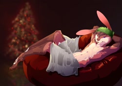 Size: 1280x905 | Tagged: safe, artist:theramjing, oc, oc only, oc:kyari, lagomorph, mammal, rabbit, 2013, 2d, bean bag, belly button, blurred background, christmas, christmas tree, conifer tree, crown, fur, hair, headwear, holiday, jewelry, male, nudity, partial nudity, purple eyes, regalia, solo, solo male, tree, twink