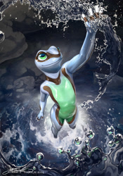 Size: 1606x2294 | Tagged: safe, artist:yacrical, amphibian, frog, anthro, 2024, ambiguous gender, partially submerged, water
