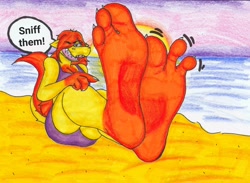 Size: 3360x2460 | Tagged: suggestive, artist:skonczonyidiota, dragon, fictional species, beach, clothes, demanding, dominant, dominant female, female, fetish, foot fetish, foot focus, foot pov, pov, smelling, soles, submissive pov, swimsuit, text, toes, wiggling toes