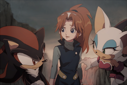Size: 750x506 | Tagged: safe, artist:fumomo, rouge the bat (sonic), shadow the hedgehog (sonic), bat, hedgehog, human, mammal, sega, sonic the hedgehog (series), sonic x, black body, black fur, blue eyes, bodysuit, boots, breasts, brown hair, cleavage, clothes, eye contact, eyebrows, eyeshadow, female, footwear, fur, gloves, green eyes, group, hair, hairband, half closed eyes, legwear, long hair, looking to the side, makeup, male, molly (sonic), multicolored body, multicolored fur, open mouth, outdoors, overalls, ponytail, red body, red eyes, red fur, shirt, shoes, sidelocks, sideways mouth, sky, standing, thigh highs, tight clothing, topwear, trio, two toned body, two toned fur, white body, white fur