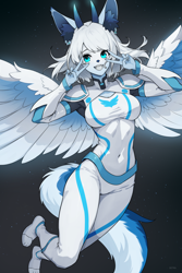 Size: 1334x2000 | Tagged: safe, artist:detra, oc, oc only, canine, hybrid, mammal, wolf, anthro, digitigrade anthro, 2024, breasts, clothes, commission, digital art, ears, eyelashes, female, fur, hair, solo, solo female, spread wings, suit, tail, thighs, wide hips, wings