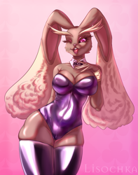 Size: 1705x2161 | Tagged: safe, artist:lisochka_69, fictional species, lopunny, mammal, anthro, nintendo, pokémon, 2024, bedroom eyes, breasts, clothes, digital art, ear fluff, ears, eyelashes, female, fluff, fur, legwear, leotard, looking at you, one eye closed, pose, simple background, solo, solo female, stockings, tail, thighs, wide hips