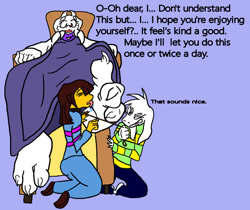 Size: 1024x861 | Tagged: artist needed, suggestive, asriel dreemurr (undertale), frisk (undertale), toriel (undertale), bovid, goat, human, mammal, undertale, dominant, dominant female, feet, female, fetish, foot fetish, foot focus, foot slave, foot worship, forced, humiliation, leash, licking, licking foot, relaxing, saliva, sole, submissive, toes, tongue, tongue out