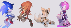 Size: 1200x472 | Tagged: safe, artist:fumomo, amy rose (sonic), knuckles the echidna (sonic), miles "tails" prower (sonic), sonic the hedgehog (sonic), canine, echidna, fox, hedgehog, mammal, monotreme, sega, sonic boom (series), sonic the hedgehog (series), bandage, belt, blue body, blue eyes, blue fur, boots, bottomwear, button, clothes, dress, female, footwear, fur, gloves, goggles, goggles on head, gold bracelet, green eyes, group, hair, hairband, hammer, happy, looking at you, looking to the side, male, multiple tails, open mouth, piko piko hammer, pink body, pink fur, purple eyes, red body, red fur, scarf, shoes, sidelocks, simple background, sitting, smiling, snout, socks, tail, thighs, two tails, weapon, wrench, yellow body, yellow fur, zettai ryouiki