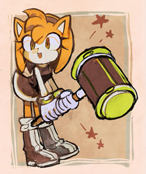 Size: 505x600 | Tagged: safe, artist:fumomo, amy rose (sonic), hedgehog, mammal, sega, sonic the hedgehog (series), boots, border, bottomwear, clothes, dress, female, footwear, full body, fur, gloves, gold bracelet, hair, hairband, hammer, happy, looking at you, open mouth, orange body, orange eyes, orange fur, outside border, own hands together, piko piko hammer, shoes, sidelocks, simple background, sketch, solo, solo female, stars