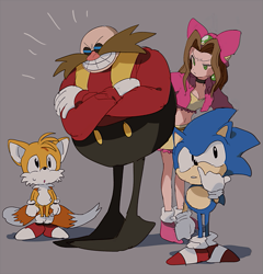 Size: 577x600 | Tagged: safe, artist:fumomo, classic sonic, classic tails, doctor eggman (sonic), miles "tails" prower (sonic), sara (sonic), sonic the hedgehog (sonic), canine, fox, hedgehog, human, mammal, sega, sonic the hedgehog (series), sonic the hedgehog ova, annoyed, bald, belly button, black eyes, blue body, blue fur, bottomwear, bow, breasts, choker, cleavage, clothes, crop top, crossed arms, doctor robotnik (ova), facial hair, female, footwear, fur, gem, glasses, gloves, green eyes, grin, group, happy, hat, headwear, leaning forward, looking at each other, male, midriff, mini skirt, multiple tails, mustache, nose picking, notice me senpai, open mouth, pants, parted lips, pince-nez, rimless eyewear, round eyewear, shirt, shoes, sidelocks, simple background, sketch, skirt, standing, sunglasses, sweat, tail, teeth, topwear, two tails, yellow body, yellow fur