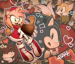 Size: 650x550 | Tagged: safe, artist:fumomo, amy rose (sonic), knuckles the echidna (sonic), miles "tails" prower (sonic), sonic the hedgehog (sonic), canine, echidna, fox, hedgehog, mammal, monotreme, sega, sonic the hedgehog (series), 2014, blue body, blue eyes, blue fur, boots, bottomwear, breathing, candy, chocolate, clothes, dress, female, food, footwear, fur, gloves, green eyes, group, hair, hairband, half closed eyes, heart, heart-shaped chocolate, looking at you, male, mittens, multiple tails, nervous smile, notice me senpai, open mouth, open smile, outline, pink body, pink fur, pom pom, puff of air, purple eyes, red body, red fur, scarf, shoes, sidelocks, sideways mouth, smiling, snout, sweat, sweatdrop, tail, two tails, yellow body, yellow fur