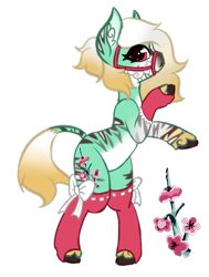 Size: 661x876 | Tagged: source needed, safe, artist:plushie, oc, oc:lynna, earth pony, equine, fictional species, hybrid, mammal, pony, zebra, zebroid, zony, feral, hasbro, my little pony, blonde hair, blonde mane, blonde tail, clothes, cutie mark, ear fluff, female, fluff, fur, green body, green fur, hair, hooves, mane, mare, red eyes, red socks, reference sheet, reins, ribbon, socks, solo, solo female, stripes, tack, tail