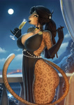 Size: 2480x3508 | Tagged: suggestive, artist:woadedfoxart, big cat, feline, leopard, mammal, anthro, alcohol, balcony, bottomwear, breasts, butt, champagne, champagne glass, clothes, dress, evening gloves, female, full moon, gloves, huge breasts, huge butt, long gloves, moon, night, night sky, nipple outline, sky, solo, solo female, tail, thick thighs, thighs, wide hips
