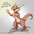 Size: 1267x1280 | Tagged: source needed, safe, artist:alibi-cami, fictional species, kobold, reptile, claws, dialogue, english, english text, female, gradient background, gray background, horns, scales, simple background, solo, solo female, standing, tail, talking, text