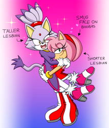 Size: 3152x3680 | Tagged: suggestive, artist:jalonso980, amy rose (sonic), blaze the cat (sonic), animal humanoid, cat, feline, fictional species, hedgehog, mammal, anthro, humanoid, sega, sonic the hedgehog (series), blazamy (sonic), blushing, boots, bottomwear, breasts, clothes, digital art, dress, duo, duo female, eyelashes, fangs, female, female focus, female/female, females only, footwear, fourth wall, fur, gloves, hair, hairband, headband, headwear, holding, holding character, interspecies, looking at you, pink body, pink fur, purple body, purple fur, sharp teeth, shoes, smiling, smiling at you, solo focus, tail, teeth