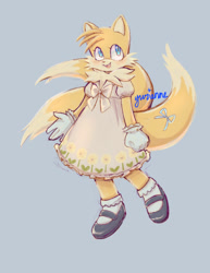 Size: 540x699 | Tagged: safe, artist:yuriannecat, miles "tails" prower (sonic), canine, fox, mammal, red fox, sega, sonic the hedgehog (series), blue background, blushing, bottomwear, clothes, cute, dress, looking at you, mtf transgender, multiple tails, puffy sleeves, signature, simple background, smiling, solo, tail, three tails, transgender