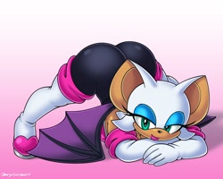Size: 1500x1200 | Tagged: suggestive, artist:omegasunburst, rouge the bat (sonic), bat, mammal, anthro, sega, sonic the hedgehog (series), bare shoulders, big breasts, big butt, boots, breasts, butt, cleavage, clothes, eyeshadow, face down ass up, female, footwear, gloves, jack-o' crouch pose, legwear, lidded eyes, lipstick, long gloves, looking at you, makeup, presenting ass, smiling, smiling at you, solo, solo female, thigh high boots, tight clothing