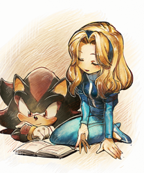 Size: 600x721 | Tagged: safe, artist:fumomo, maria robotnik (sonic), shadow the hedgehog (sonic), hedgehog, human, mammal, sega, sonic the hedgehog (series), black body, black fur, blushing, book, bottomwear, clothes, dress, duo, duo male and female, eyes closed, female, fur, gloves, gold bracelet, hair, hairband, happy, high heels, leaning forward, long hair, lying down, lying on stomach, male, multicolored body, multicolored fur, open book, open mouth, reading, red body, red eyes, red fur, shoes, sidelocks, simple background, sitting, smiling, two toned body, two toned fur, yellow hair