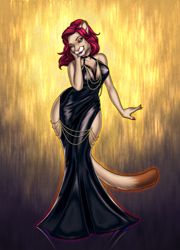 Size: 1628x2263 | Tagged: safe, artist:octohat, oc, oc only, big cat, cougar, feline, mammal, anthro, 2024, bottomwear, breasts, clothes, commission, detailed background, digital art, dress, ears, eyelashes, female, fur, hair, solo, solo female, tail, thighs, wide hips