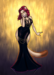 Size: 1628x2263 | Tagged: safe, alternate version, artist:octohat, oc, oc only, big cat, cougar, feline, mammal, anthro, 2024, bottomwear, breasts, clothes, commission, detailed background, digital art, dress, ears, eyelashes, female, fur, hair, solo, solo female, tail, thighs, wide hips