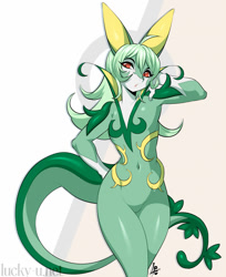 Size: 900x1104 | Tagged: safe, artist:luckypan, oc, oc only, fictional species, serperior, anthro, nintendo, pokémon, 2024, breasts, clothes, commission, digital art, ears, eyelashes, female, hair, scales, simple background, small breasts, solo, solo female, starter pokémon, suit, tail, thighs, wide hips