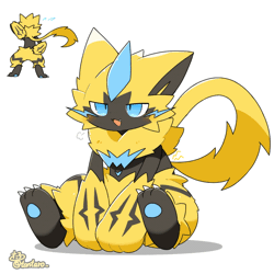 Size: 960x960 | Tagged: safe, artist:tontaro, fictional species, legendary pokémon, mythical pokémon, zeraora, semi-anthro, nintendo, pokémon, 2024, 2d, 2d animation, ambiguous gender, animated, bedroom eyes, digital art, ears, fur, gif, itching, itchy, open mouth, simple background, sitting, solo, solo ambiguous, tail, thighs, tongue, white background