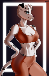 Size: 1539x2394 | Tagged: safe, artist:zhadart, oc, oc only, canine, dalmatian, dog, mammal, anthro, 2024, belly button, breasts, clothes, commission, digital art, ears, eyelashes, female, fur, hair, simple background, solo, solo female, sports bra, sports pants, tail, thighs, topwear, wide hips, ych result
