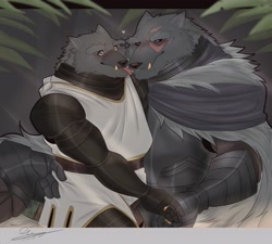 Size: 4096x3686 | Tagged: safe, artist:quetzaart, blaidd (elden ring), canine, mammal, wolf, anthro, elden ring, black body, black fur, duo, duo male, fur, male, males only, muscles, muscular male