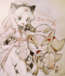 Size: 599x700 | Tagged: safe, artist:fumomo, blaze the cat (sonic), maria robotnik (sonic), shadow the hedgehog (sonic), hedgehog, human, mammal, sega, sonic the hedgehog (series), 2014, bell, blushing, bottomwear, cat ears, cat tail, clothes, coat, cosplay, cowboy shot, cropped legs, dated, duo, duo male and female, fake ears, fake tail, fangs, female, gloves, hair, hairband, half closed eyes, happy, japanese text, jingle bells, long hair, looking at you, male, muted, neck bell, open mouth, open smile, pants, paw gloves, sharp teeth, sidelocks, sketch, smiling, speech bubble, standing, sweat, tail, tall bell, teeth, text, topwear