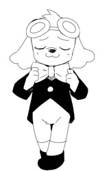Size: 407x640 | Tagged: dead source, safe, artist:manmosu marimo, canine, dog, mammal, semi-anthro, 2d, black and white, clothes, eyes closed, fluff, fur, grayscale, head fluff, male, monochrome, simple background, solo, solo male, tetsunoshin (tetsunoshin), wan wan celeb soreyuke! tetsunoshin, white background