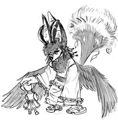 Size: 3106x3269 | Tagged: safe, artist:eukaryoticprokaryote, artist:eukayoticprokaryote, ambiguous species, fictional species, hybrid, monster, ambiguous gender, child, clothes, duo, fantasy, feathers, female, gown, headpat, robe, ruffles, wings, young