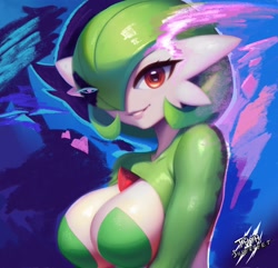 Size: 2048x1978 | Tagged: safe, artist:thyhsilverfeet, fictional species, gardevoir, anthro, nintendo, pokémon, 2024, big breasts, breasts, female, hair, hair over one eye, looking at you, pasties, smiling, smiling at you, solo, solo female, style emulation