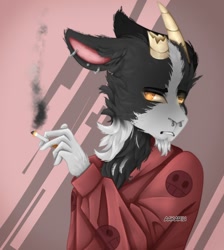 Size: 1076x1200 | Tagged: safe, artist:aakariu, oc, oc only, bovid, goat, mammal, anthro, broken horn, cigarette, horn, horns, male, piercing, request art, simple background, solo