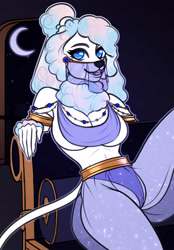 Size: 3000x4300 | Tagged: suggestive, oc, oc:chienne chaude, canine, dog, mammal, poodle, blue eyes, clothes, couch, covering breasts, cushion, doorway, fur, hair, harem outfit, jewelry, looking at you, moon, multicolored hair, night, night sky, partial nudity, scarf, sky, spread legs, tail, tied hair, topless, transparent clothing, veil, white body, white fur