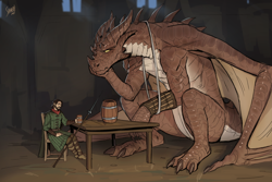 Size: 1500x1000 | Tagged: safe, artist:shamerli, dragon, fictional species, human, mammal, western dragon, anthro, 2023, 2d, beard, chair, claws, clothes, detailed background, digital art, duo, duo male, facial hair, hair, horns, indoors, male, males only, night, scales, signature, sitting, size difference, skin, spear, table, tail, weapon, webbed wings, wings