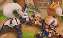Size: 2448x1469 | Tagged: safe, artist:merrunz, canine, fictional species, mammal, vulpera, anthro, blizzard entertainment, world of warcraft, armor, butt, clothes, face down ass up, female, females only, paw pads, paws, raised tail, tail, thighs
