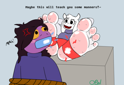 Size: 2625x1808 | Tagged: suggestive, artist:opalautumns, susie (deltarune), toriel (undertale), bovid, fictional species, goat, mammal, monster, deltarune, undertale, dominant, feet on table, female, females only, fetish, foot fetish, foot focus, foot on face, foot slave, humiliation, magnetic, punishment, smelling, smothering, soles, stirrups, student, sweaty feet, tape gag, teacher, text, tied up, toes, toriel (deltarune)