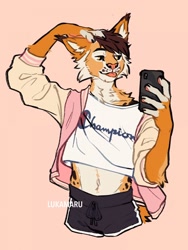 Size: 960x1280 | Tagged: safe, artist:dragonbean, oc, oc only, feline, lynx, mammal, brown hair, cell phone, clothes, commission, crop top, dolphin shorts, hair, jacket, male, midriff, phone, smartphone, solo, solo male, taking a photo, topwear