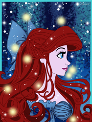 Size: 1200x1600 | Tagged: safe, artist:queen-quail, ariel (the little mermaid), arthropod, firefly, human, insect, mammal, disney, the little mermaid (disney), blue background, blue bow, blue dress, blue eyes, bow, female, hair, headshot, ivy, lagoon, red hair, simple background, solo, sparkles, vines
