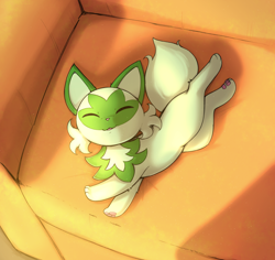 Size: 1974x1866 | Tagged: safe, artist:otakuap, fictional species, sprigatito, feral, nintendo, pokémon, spoiler:pokémon gen 9, spoiler:pokémon scarlet and violet, 2024, 2d, ambiguous gender, behaving like a cat, bushy tail, casual nudity, cheek fluff, complete nudity, couch, cute, daww, detailed background, digital art, ears, eyes closed, fluff, fur, green body, green fur, happy, indoors, lying down, neck fluff, nudity, on side, paw pads, paws, pink nose, pink paw pads, pointy ears, short tail, sleeping, solo, solo ambiguous, starter pokémon, sunbathing, tail, tail fluff, thighs, underpaw